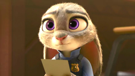 Judy Hopps from the movie Zootopia, depicted in an HD desktop wallpaper, gazes thoughtfully while holding a paper, showcasing her determination and charm.