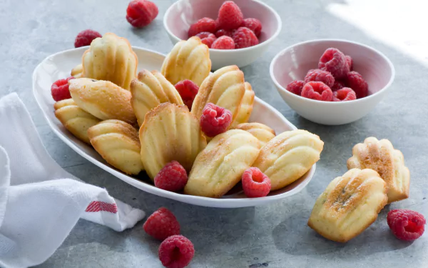 A 4K Ultra HD still life of golden Madeleines and fresh raspberries arranged in a white dish and bowls on a gray surface, creating a vibrant food display.