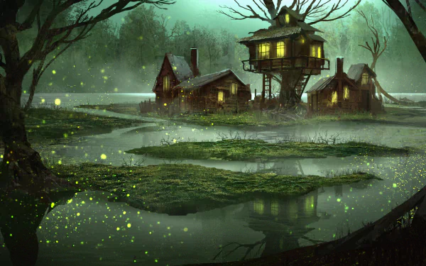 A fantasy swamp at night with glowing fireflies, rustic houses including a treehouse, reflected in still waters, captured in a detailed HD PC desktop wallpaper.