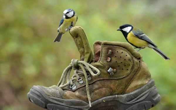 HD desktop wallpaper featuring two titmouse birds perched on a worn hiking boot, blending elements of nature and rugged footwear.