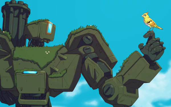 Bastion from Overwatch stands in a vibrant landscape, a yellow bird perched on its finger, encapsulating a serene moment in this 4K Ultra HD video game wallpaper.