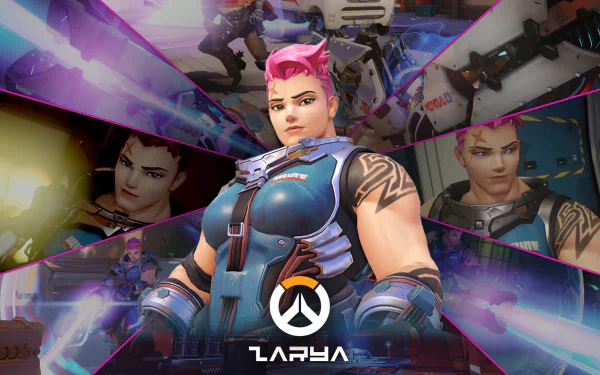 HD PC desktop wallpaper featuring Zarya from the video game Overwatch, showcasing her in a bold, dynamic pose with multiple action shots in the background.