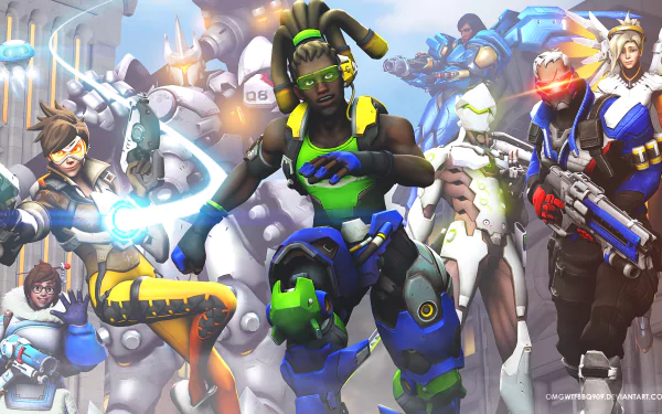A vibrant HD wallpaper featuring iconic Overwatch characters Reinhardt, Genji, Pharah, Soldier: 76, Mercy, Lúcio, Tracer, and Mei in an action-packed scene.