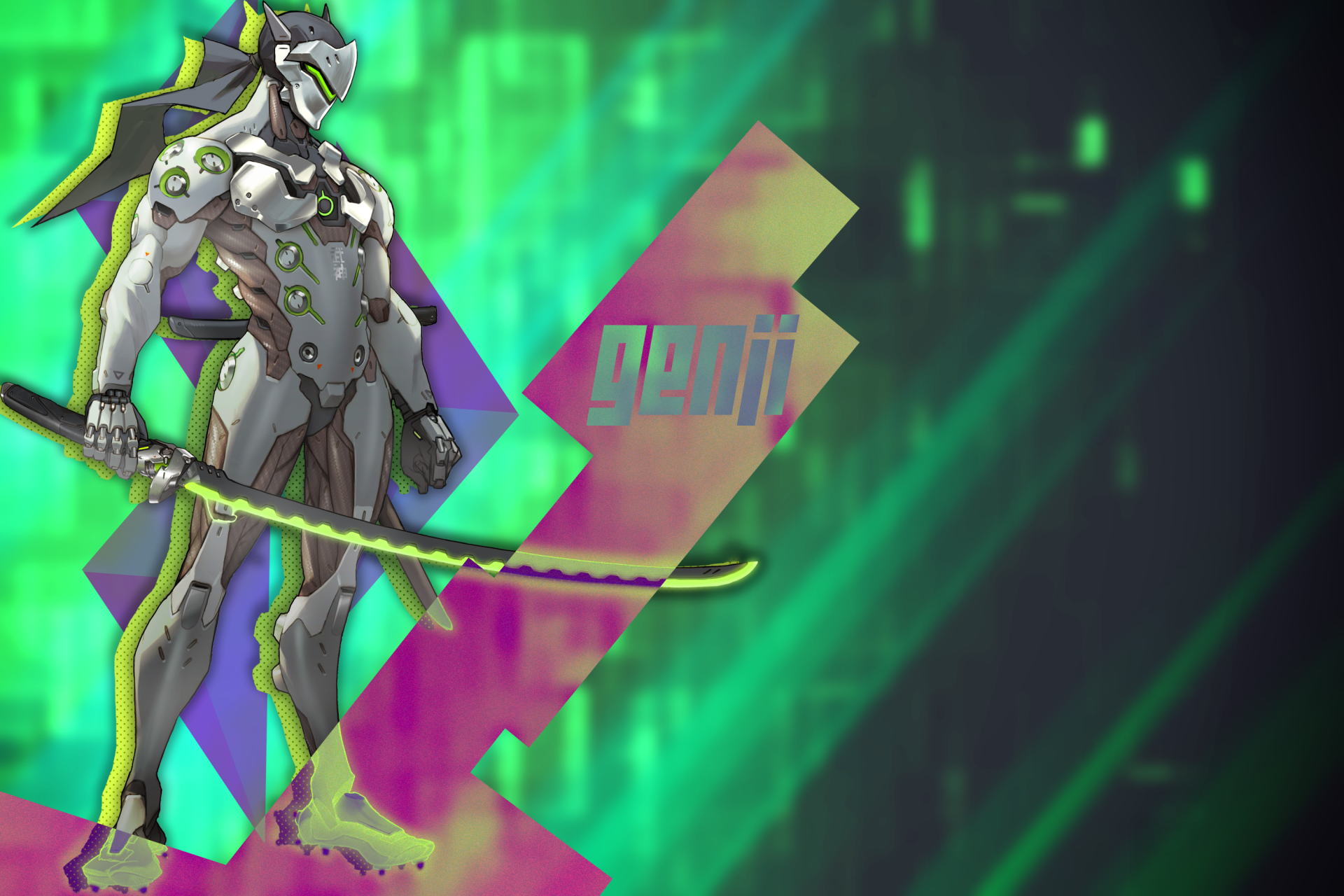 HD PC desktop wallpaper featuring Genji, a character from the video game Overwatch, against a vibrant green digital background.