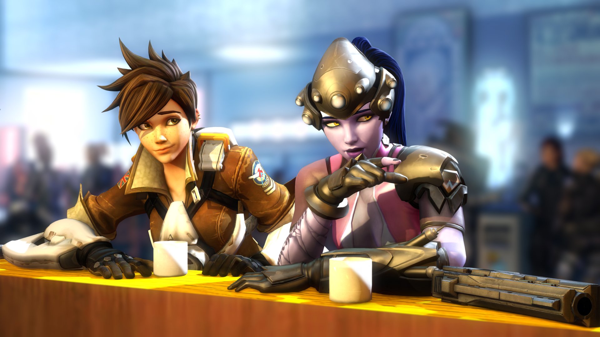 HD PC desktop wallpaper featuring Overwatch characters Tracer and Widowmaker in a detailed video game scene.