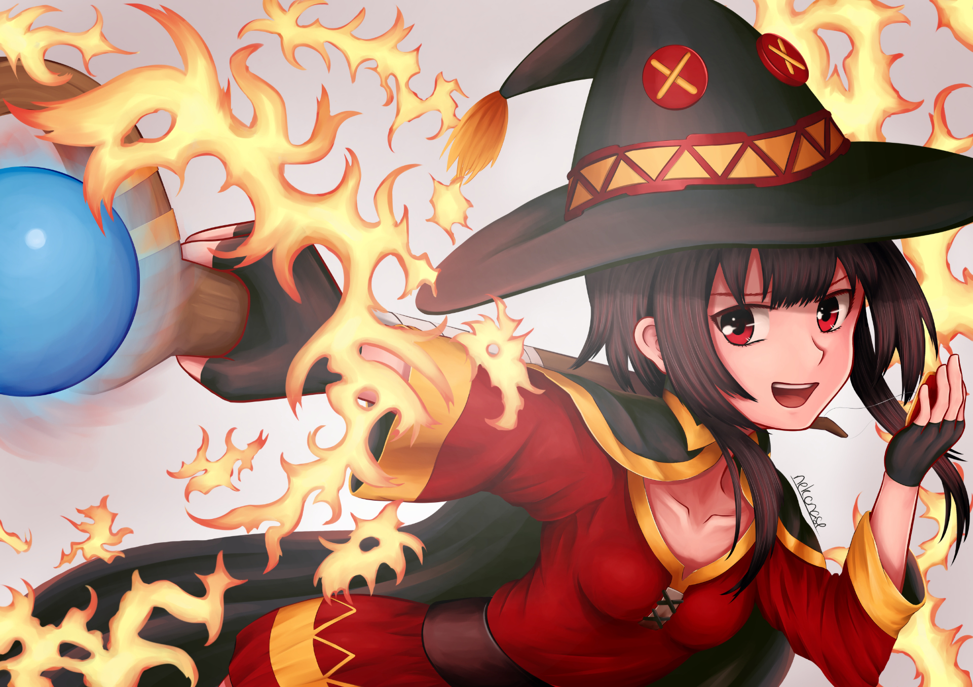 Megumin from KonoSuba unleashes her explosive magic, surrounded by flames and a blue orb, capturing the vibrant spirit of KonoSuba - God’s Blessing on this Wonderful World! in an HD wallpaper.