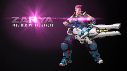 Zarya from Overwatch stands confidently, wielding her powerful weapon. The HD wallpaper features the text Together We Are Strong, enhancing the dynamic gaming atmosphere.