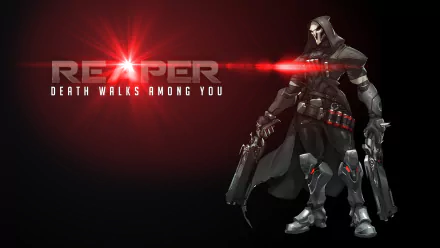 HD PC desktop wallpaper featuring Reaper from Overwatch, with red lighting and the phrase Death walks among you against a dark background.