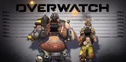 HD desktop wallpaper featuring Junkrat and Roadhog from Overwatch in a mugshot-style lineup against a background with the Overwatch logo.