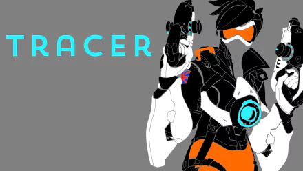 HD PC desktop wallpaper featuring Tracer from the video game Overwatch in a stylized graphic design with bold colors and dynamic pose.