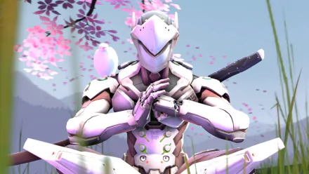 High-definition desktop wallpaper featuring Genji from the video game Overwatch, meditating with a bird on his shoulder against a serene backdrop of cherry blossoms.