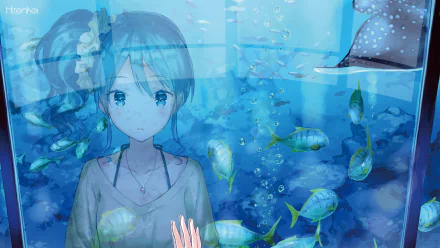Aoi Kiriya from Aikatsu! is depicted in this HD PC desktop wallpaper, surrounded by colorful fish in an underwater scene, conveying a serene and dreamy atmosphere.