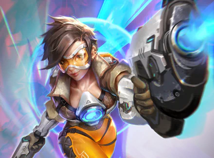 HD desktop wallpaper featuring Tracer from Overwatch, showcasing her dynamic pose and iconic design as she prepares to unleash a time-warping attack in this vibrant video game art.