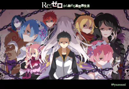 HD desktop wallpaper featuring characters from the anime Re:Zero - Starting Life in Another World, showcasing a central protagonist surrounded by other key characters against a chained background.
