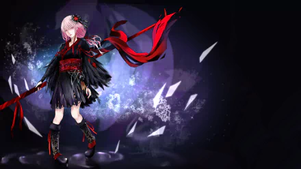 Anime wallpaper featuring Inori Yuzuriha from Guilty Crown, showcasing her in a striking outfit with flowing ribbons against a mystical background.