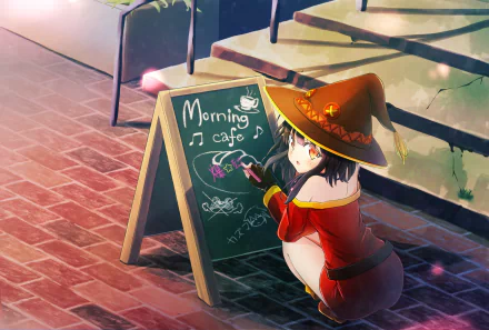 HD desktop wallpaper featuring Megumin from the anime KonoSuba – God’s blessing on this wonderful world!! drawing on a sidewalk chalkboard that reads Morning café.