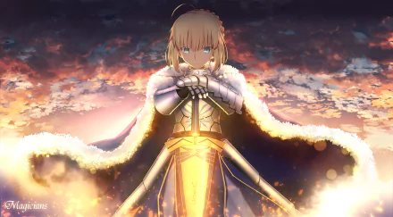 High-definition wallpaper featuring Saber from the Fate Series, showcasing her in a majestic pose with a sword, against a dramatic sunset backdrop. A striking anime aesthetic.