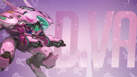 HD PC desktop wallpaper featuring D.Va from Overwatch in her iconic pink mech, set against a purple background with bold D.Va text.