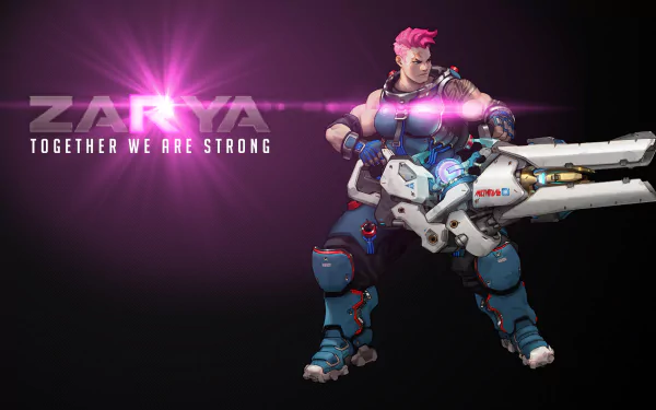 Zarya from Overwatch stands confidently, wielding her powerful weapon. The HD wallpaper features the text Together We Are Strong, enhancing the dynamic gaming atmosphere.