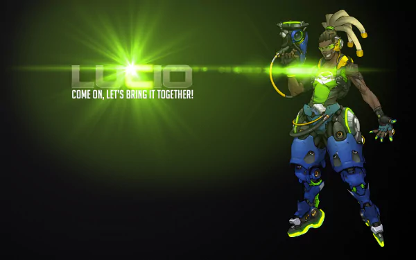 Lúcio from Overwatch stands confidently in an HD wallpaper, vibrant green light radiating around him, with the text COME ON, LET'S BRING IT TOGETHER! enhancing the dynamic gaming atmosphere.