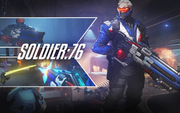A dynamic HD wallpaper featuring Soldier: 76 from Overwatch, showcasing the character in action with vibrant colors and intense gameplay elements.