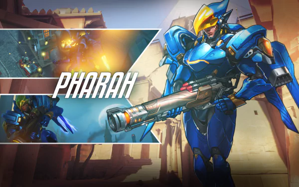 HD PC desktop wallpaper featuring Pharah from the video game Overwatch in her blue armor, holding a rocket launcher against a city backdrop.