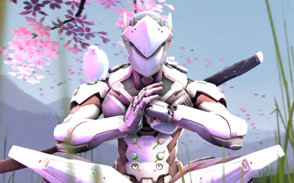 High-definition desktop wallpaper featuring Genji from the video game Overwatch, meditating with a bird on his shoulder against a serene backdrop of cherry blossoms.