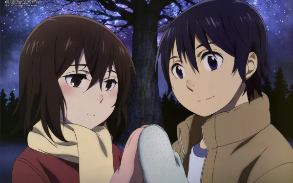 Satoru Fujinuma and Kayo Hinazuki from the anime Erased share a moment under a starry sky, illustrating their bond in this vibrant 4K Ultra HD wallpaper.