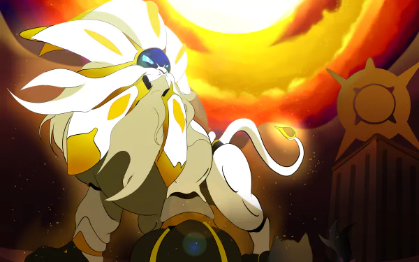 HD desktop wallpaper and background featuring Solgaleo and Litten from the video game Pokémon Sun and Moon, with a vibrant, fiery sky and sunlit ambiance.