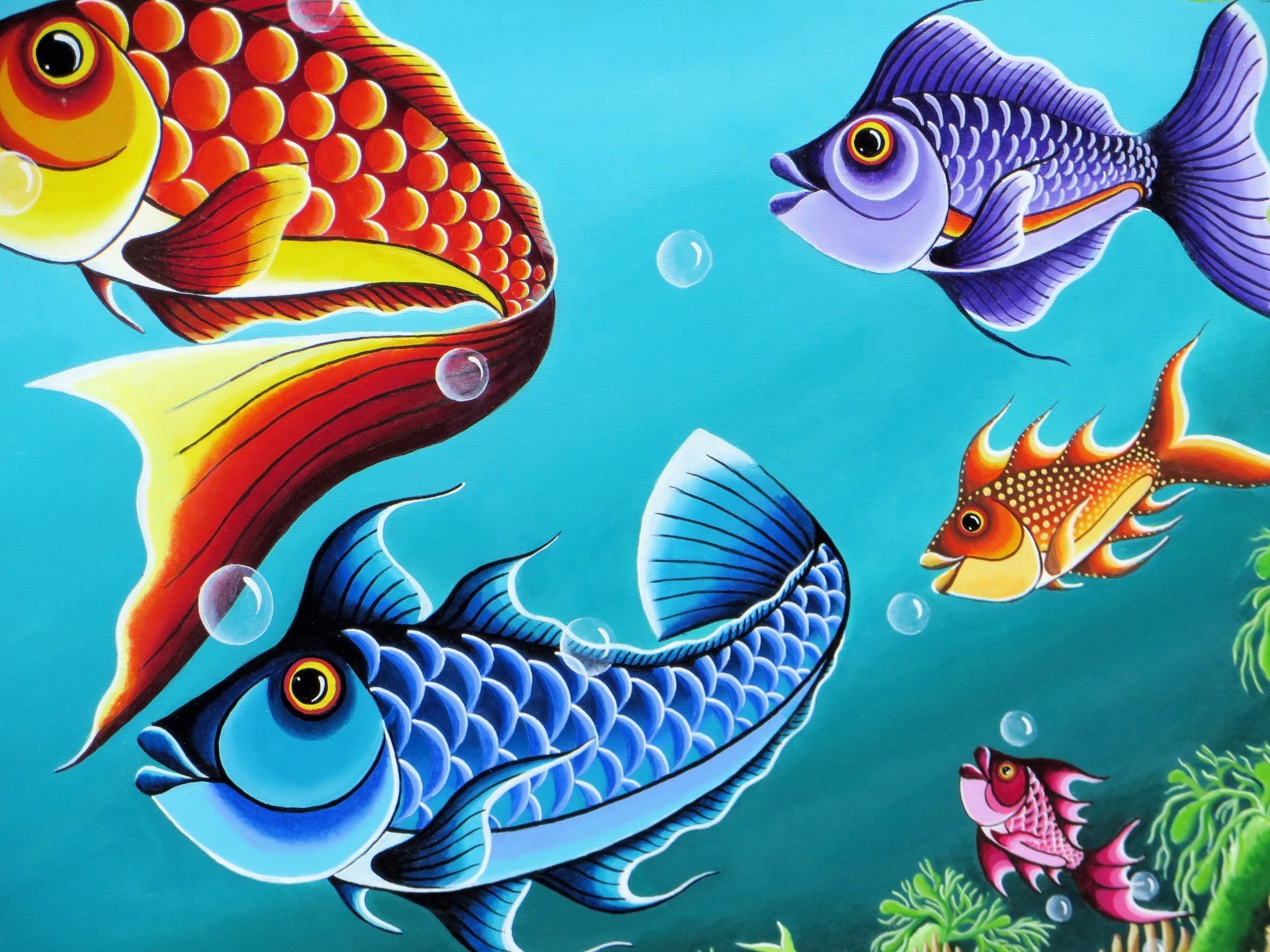 Painting of fish underwater. 
