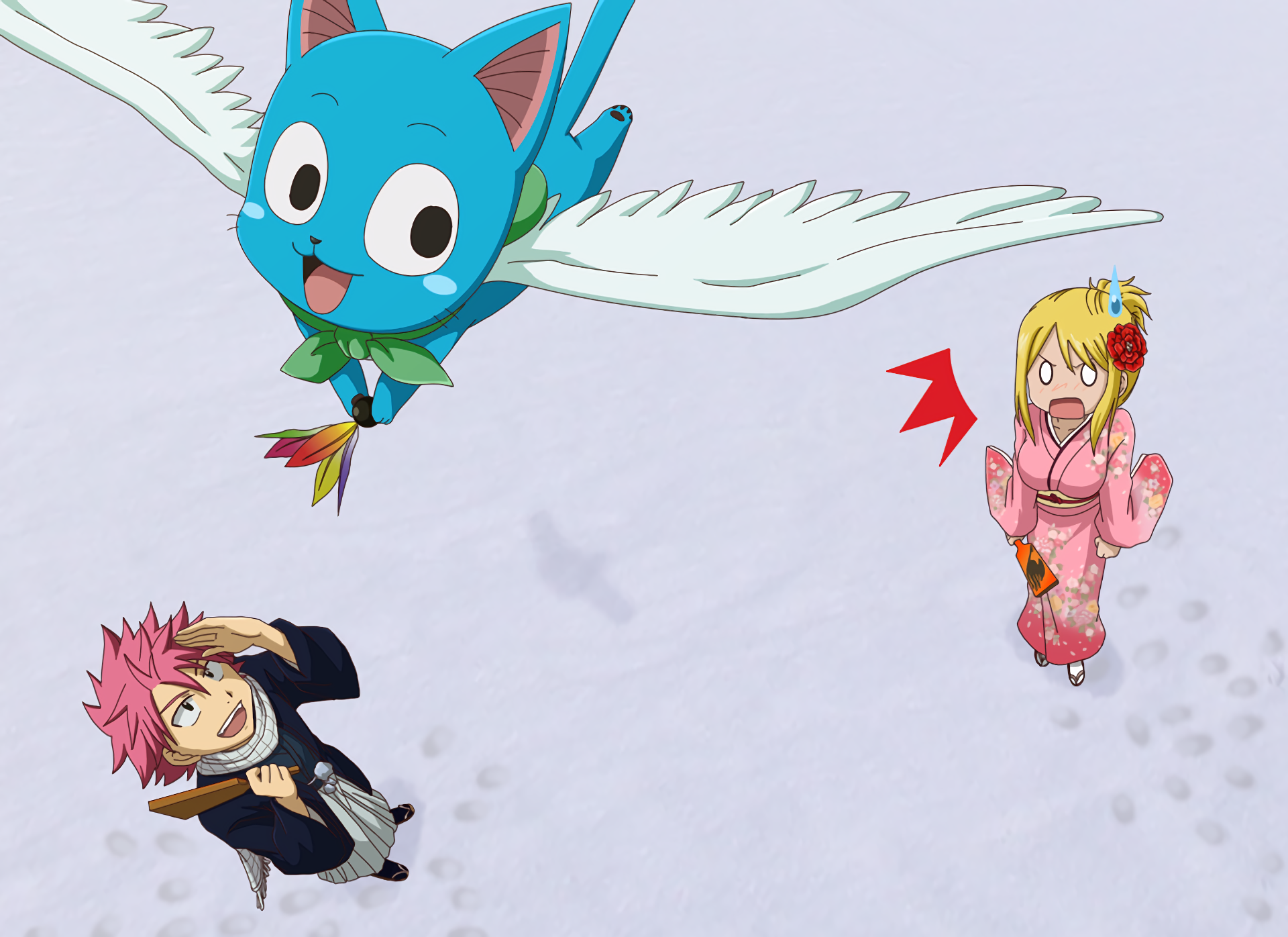 Natsu Dragneel and Lucy Heartfilia from the anime Fairy Tail share a joyful moment with Happy, the flying blue cat, set against a snowy background in this vibrant HD wallpaper.