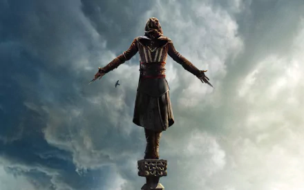 A striking HD wallpaper featuring Michael Fassbender as an Assassin, showcasing a dramatic pose against a cloudy sky, inspired by the movie Assassin's Creed.