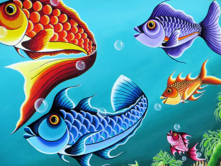 Colorful artistic painting of stylized fish swimming in turquoise water, high-detail 4K Ultra HD PC desktop wallpaper/background.