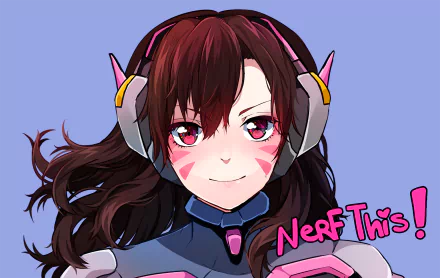 HD desktop wallpaper featuring D.Va from the video game Overwatch, with a close-up of her confident expression and the text Nerf This! in playful lettering.