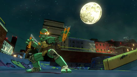 Michelangelo from Teenage Mutant Ninja Turtles: Mutants in Manhattan game, posing in a moonlit city scene as an HD desktop wallpaper.