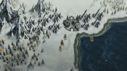 HD wallpaper of 'I Am Setsuna' featuring characters traversing a snowy landscape with trees and a lake.