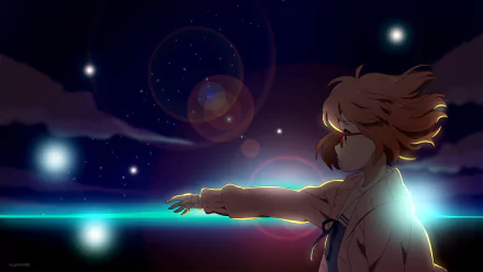HD desktop wallpaper of Mirai Kuriyama from Beyond the Boundary anime, extending her hand towards glowing orbs in a starry night sky, with her hair gently flowing.