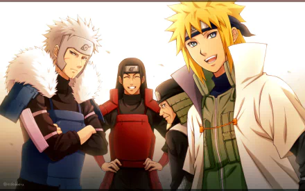 HD desktop wallpaper featuring Hokage from Naruto: Tobirama Senju, Hashirama Senju, Hiruzen Sarutobi, and Minato Namikaze. The anime-styled image showcases these iconic characters together.