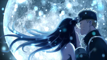 HD desktop wallpaper featuring Naruto Uzumaki and Hinata Hyuga sharing a kiss under a bright, full moon. The anime characters are surrounded by a serene, snowy night background.