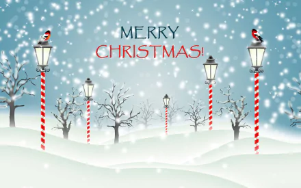 A serene winter scene featuring snow-covered hills and lamp posts decorated with red stripes. Merry Christmas! is prominently displayed against a tranquil blue sky.