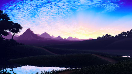 HD pixel art wallpaper featuring a serene landscape with mountains, a river, and a vibrant sky with scattered clouds at sunrise or sunset.