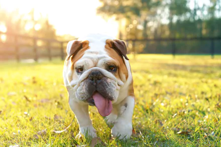 An English bulldog walks on sunny green grass with a blurred wooden fence and trees in the background, captured in high-definition for a PC desktop wallpaper.