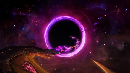 Dark sci-fi League of Legends wallpaper featuring Thresh reaching through a glowing purple portal in a cosmic space setting, designed for HD PC desktops.