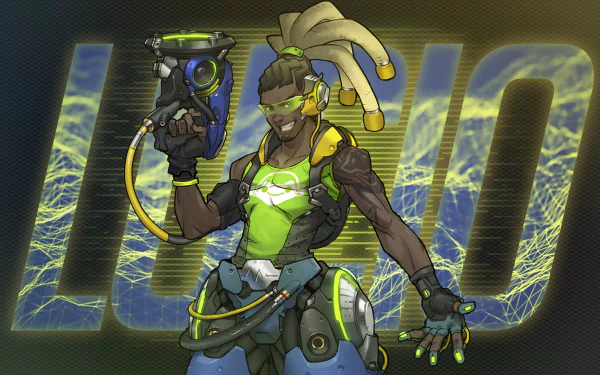 Lúcio from Overwatch stands confidently with his sonic blaster, set against a vibrant background, creating an engaging HD desktop wallpaper for video game enthusiasts.