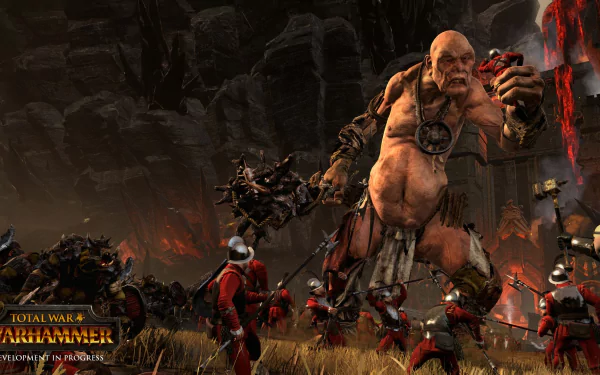 HD desktop wallpaper of Total War: Warhammer featuring a towering giant amidst a battle with armored soldiers.