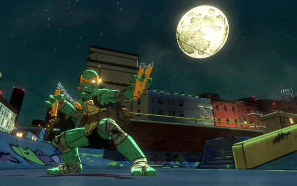 Michelangelo from Teenage Mutant Ninja Turtles: Mutants in Manhattan game, posing in a moonlit city scene as an HD desktop wallpaper.
