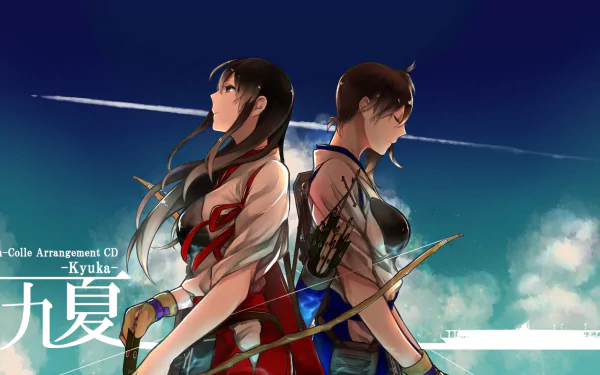 HD wallpaper featuring Kaga and Akagi from Kancolle, depicted in a vibrant anime style against a dramatic sky, showcasing their iconic designs from Kantai Collection.