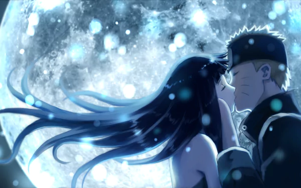 HD desktop wallpaper featuring Naruto Uzumaki and Hinata Hyuga sharing a kiss under a bright, full moon. The anime characters are surrounded by a serene, snowy night background.