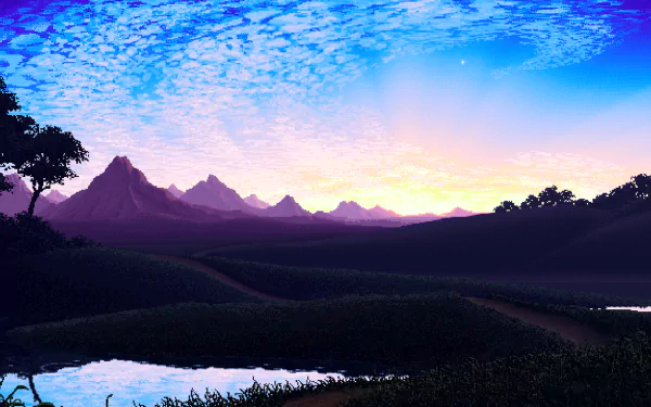 HD pixel art wallpaper featuring a serene landscape with mountains, a river, and a vibrant sky with scattered clouds at sunrise or sunset.