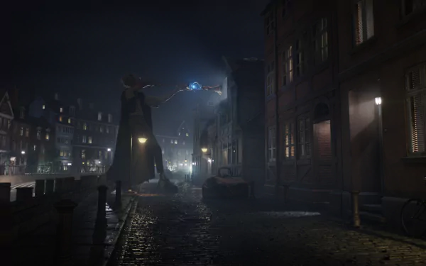 A scene from the movie The BFG (2016), showcasing a giant looming over a dimly lit street, creating a magical, nighttime atmosphere in this HD wallpaper.